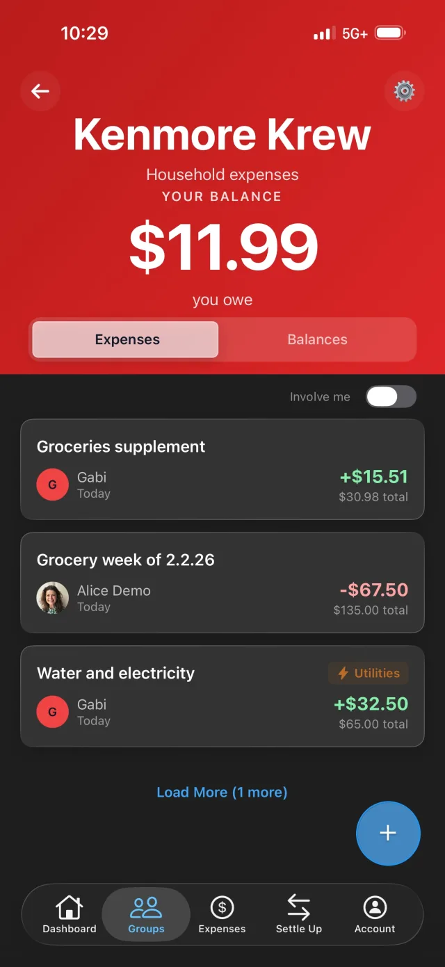 Kenmore Krew household group with grocery, Hulu, and utility expenses