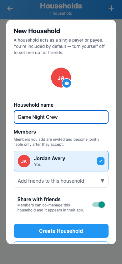 Create a new household in SplitterUp, naming it and choosing an emoji