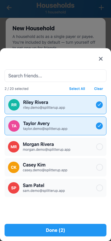 Inviting friends to a SplitterUp household from your friends list