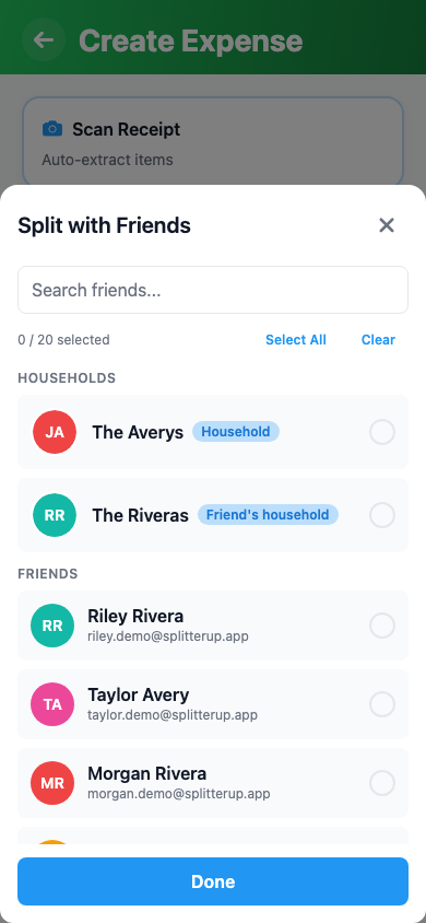 SplitterUp participant picker listing households alongside individual friends