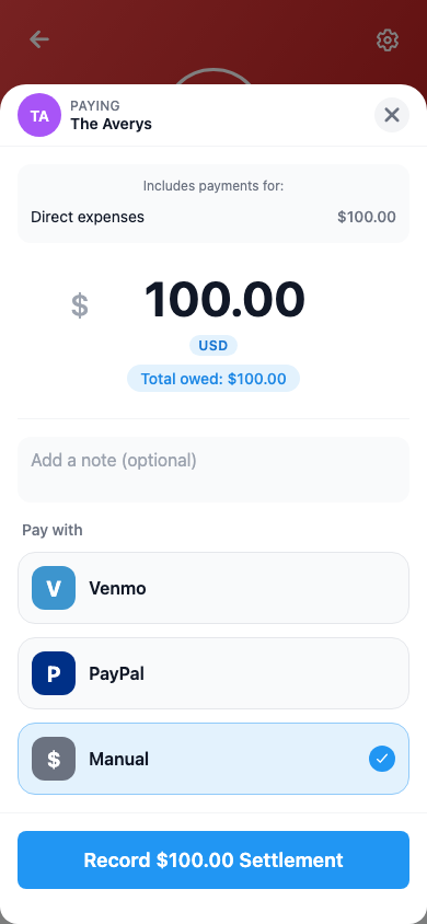 Settling up on behalf of a household in SplitterUp, recording a $100 payment