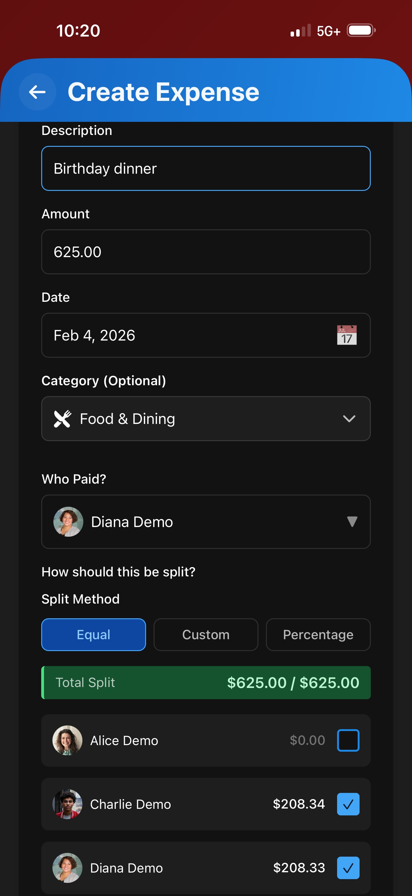 Creating a birthday dinner expense with split options