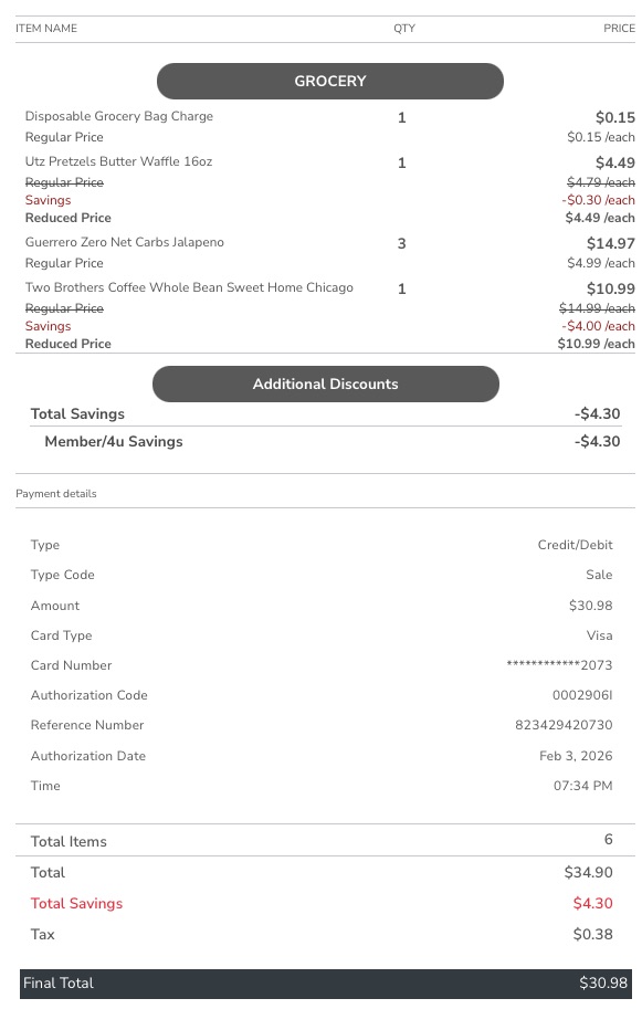 Scanned grocery receipt with itemized prices