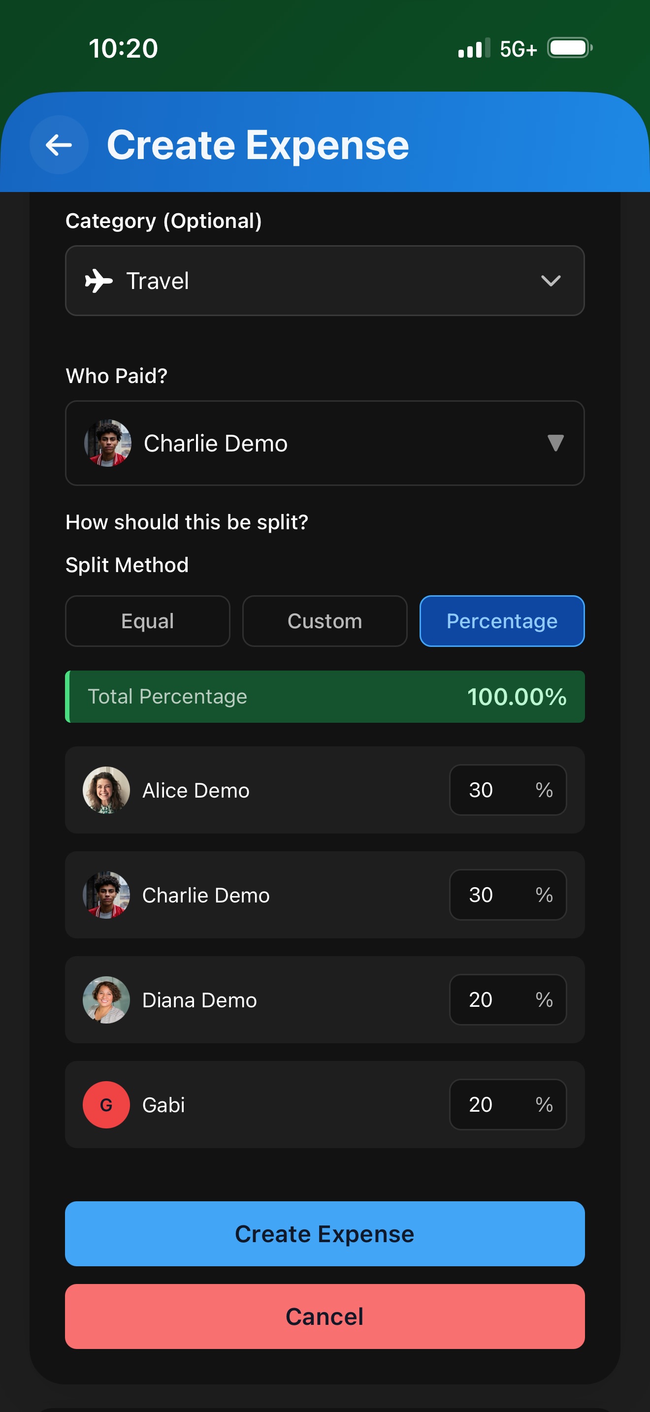 Percentage-based split for utility bills