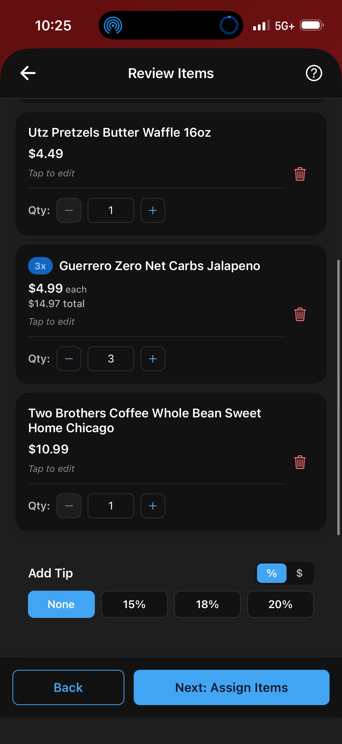Scanned grocery items with quantities and prices