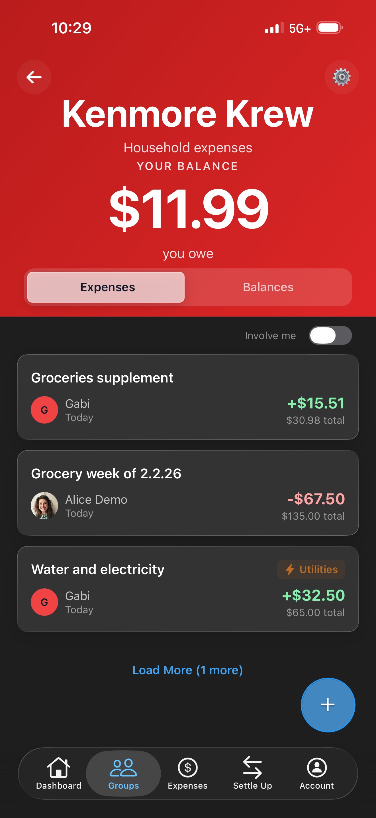 Kenmore Krew household group with grocery, Hulu, and utility expenses