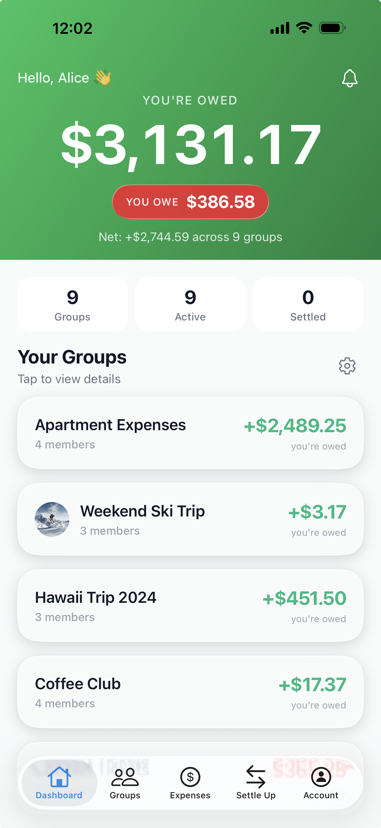 SplitterUp Dashboard - Positive Balance